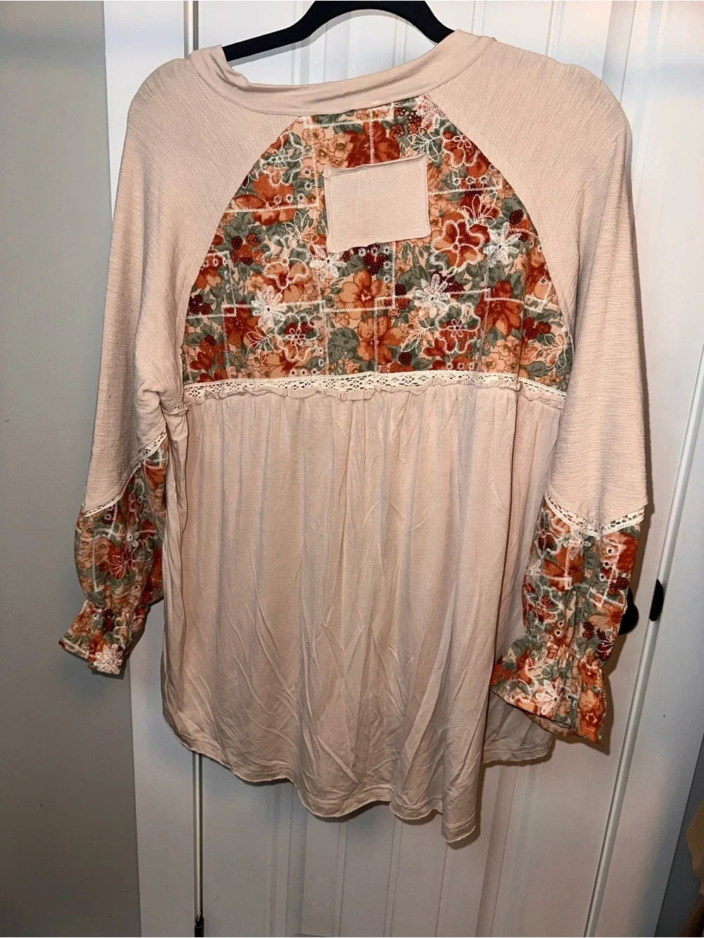 POL Size Small Oversized Boho Floral Patchwork V-Neck Tunic Top - Beige